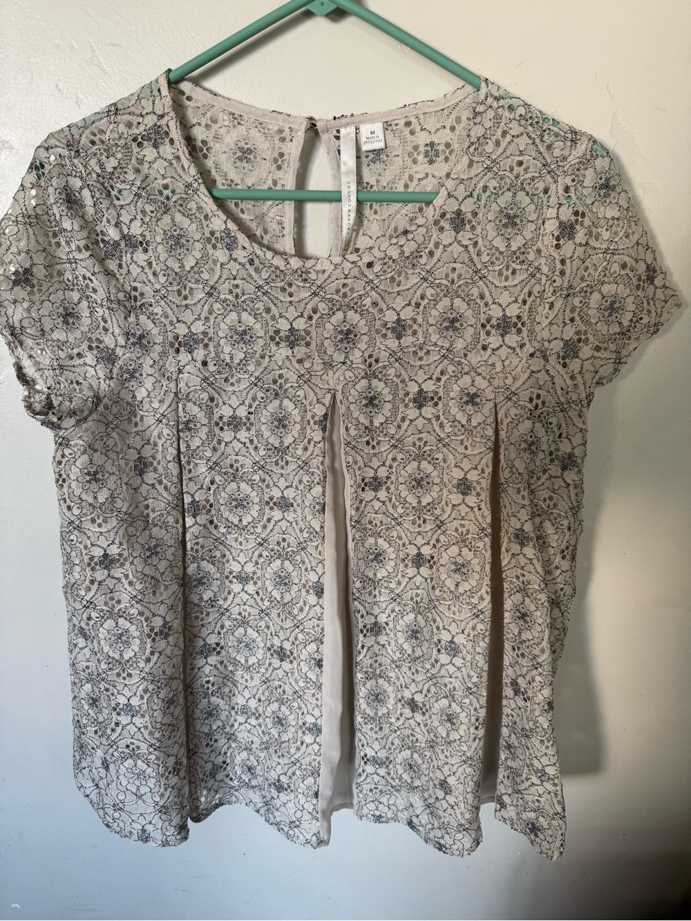 LC Lauren Conrad Cream Lace Overlay Blouse with Gray Floral Pattern